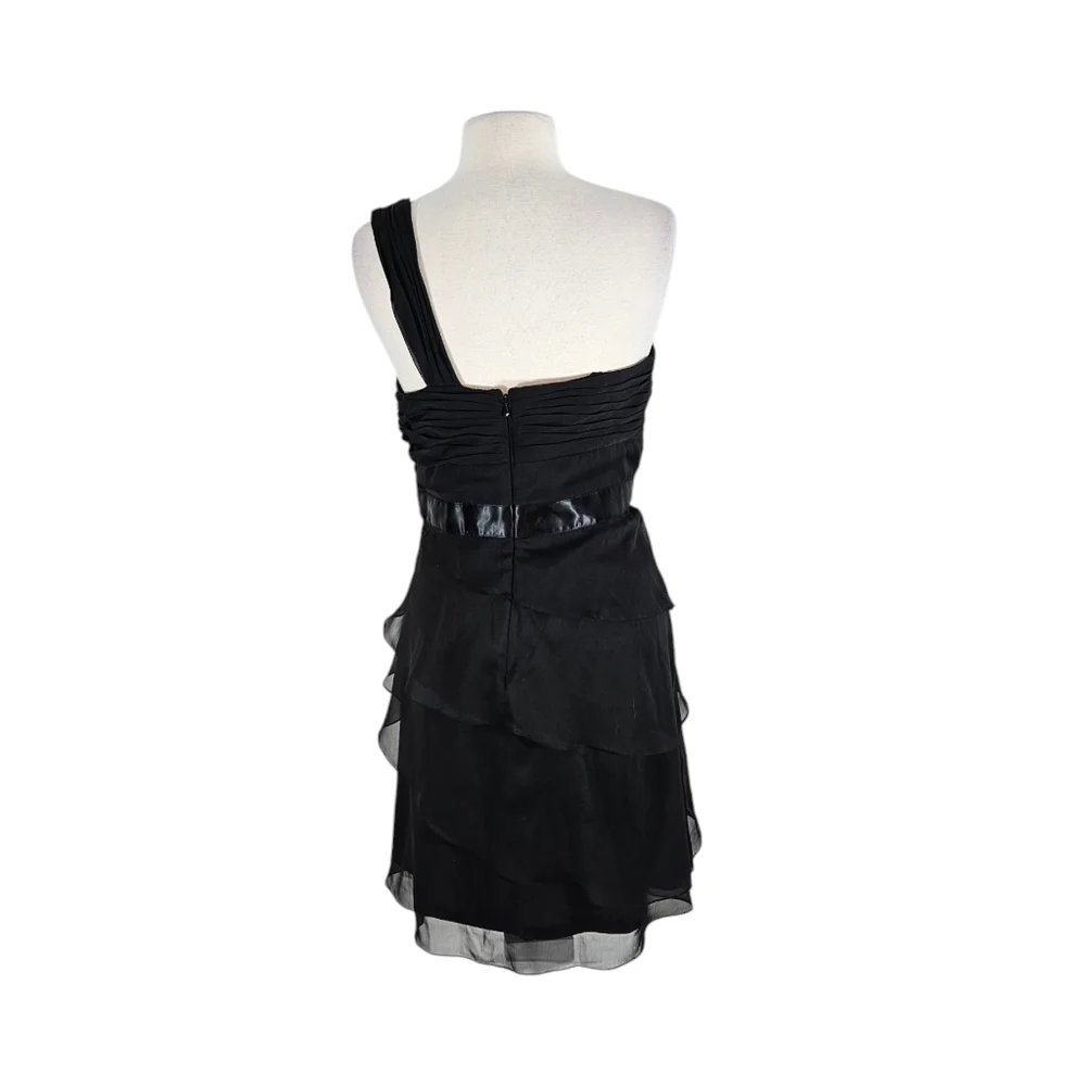 Adrianna Papell Flutter Chiffon Tiered Black One Shoulder Cocktail Dress